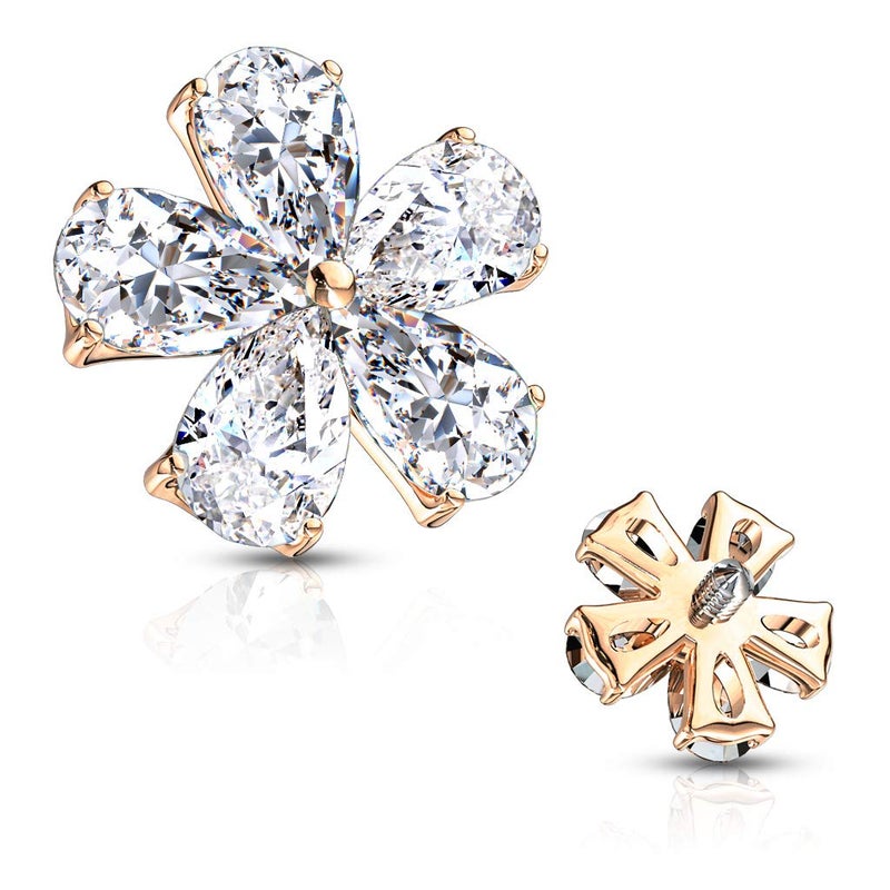 FIFTH CUE 14G Five Pear CZ Flower 316L Surgical Steel Internally Threaded Dermal Anchor Top (Rose Gold/Clear) - Image 3